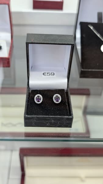 Amethyst Halo Studs, Silver