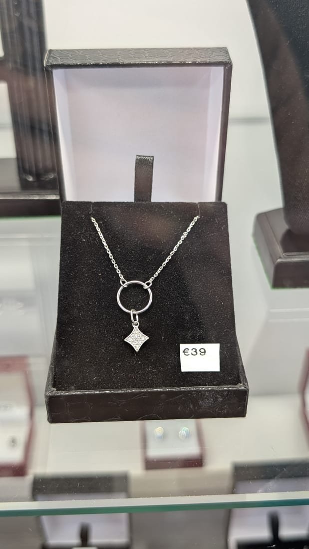 Circle & Crystal Pendant, Silver, Cubic Zirconia
